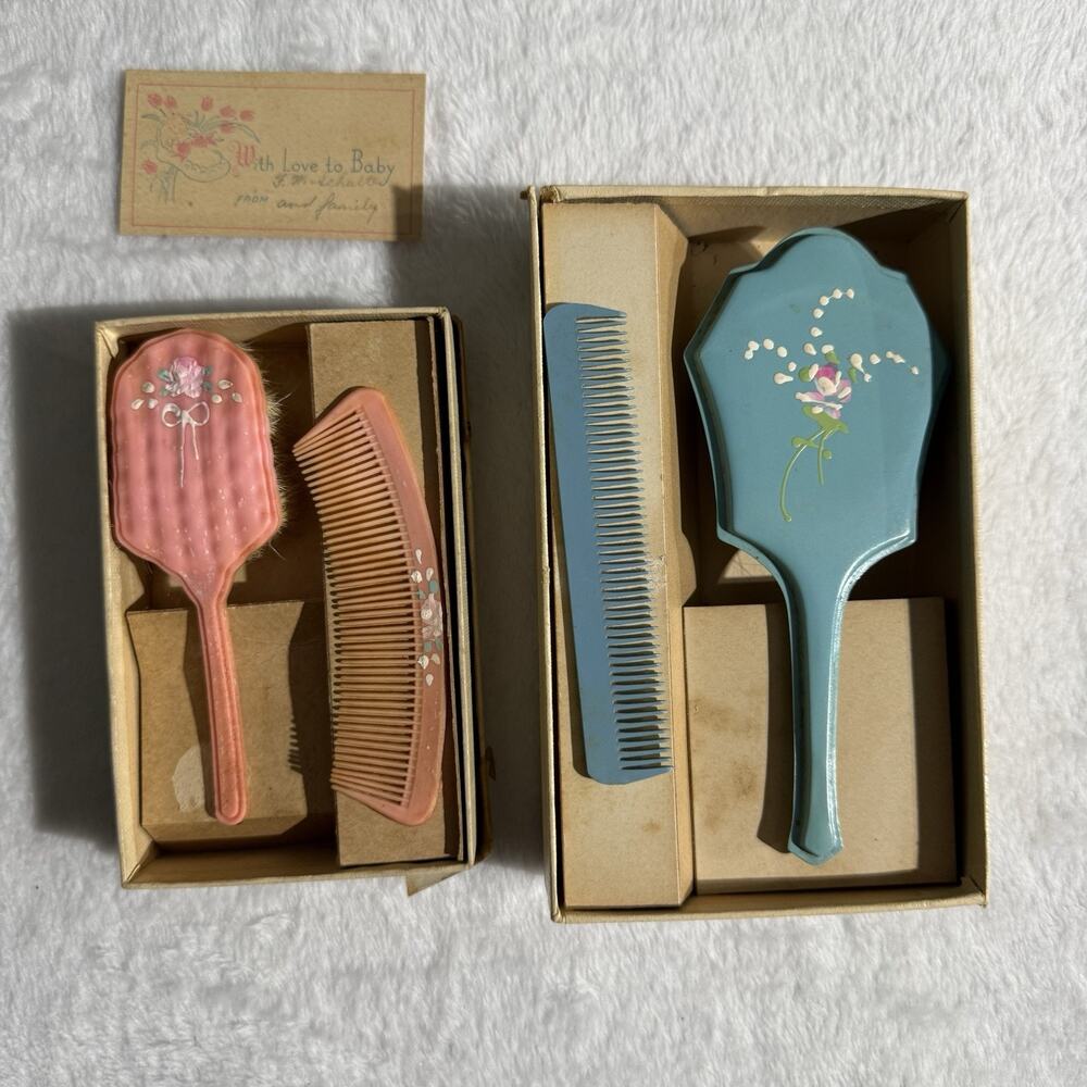 Vtg 30s BABY VANITY SET BRUSH COMB HANDPAINTED Blue Pink Floral Soft Art Deco